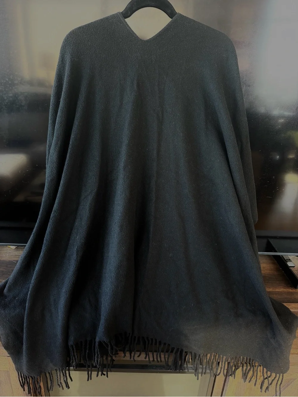 C.B.M. Project Italy Black Leaf Embroidered Fringe Poncho Wrap